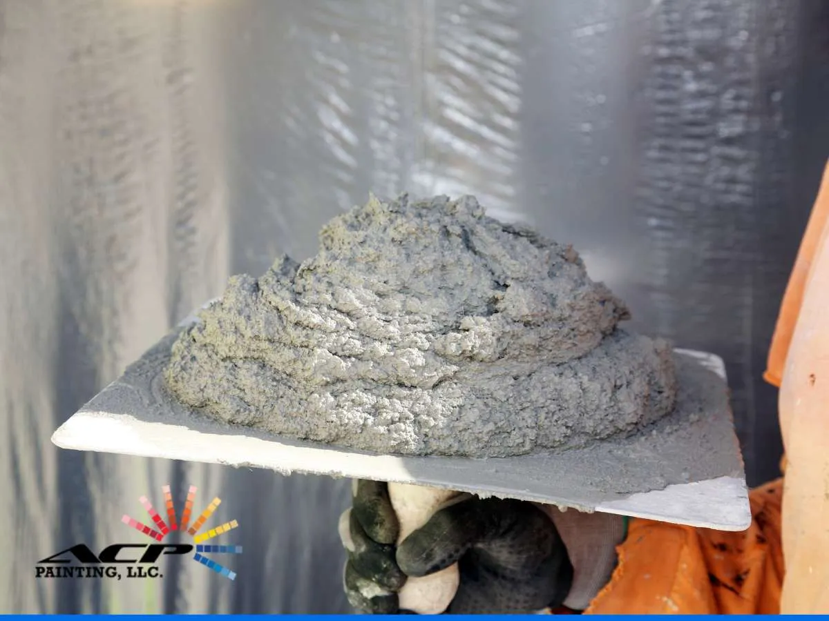 Worker holding a trowel with fresh stucco mix for Professional Stucco Repair services