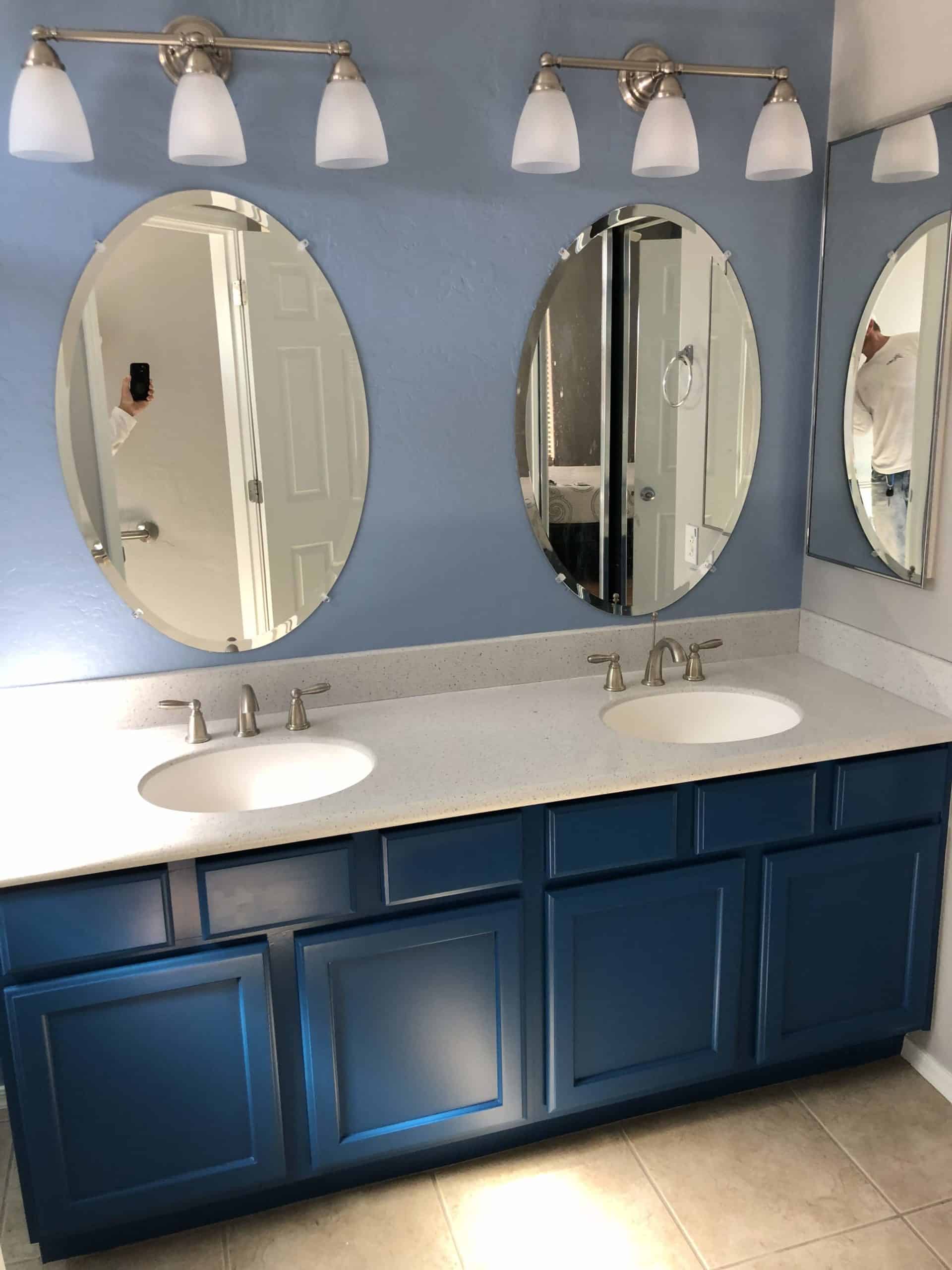 blue painted bathroom cabinets