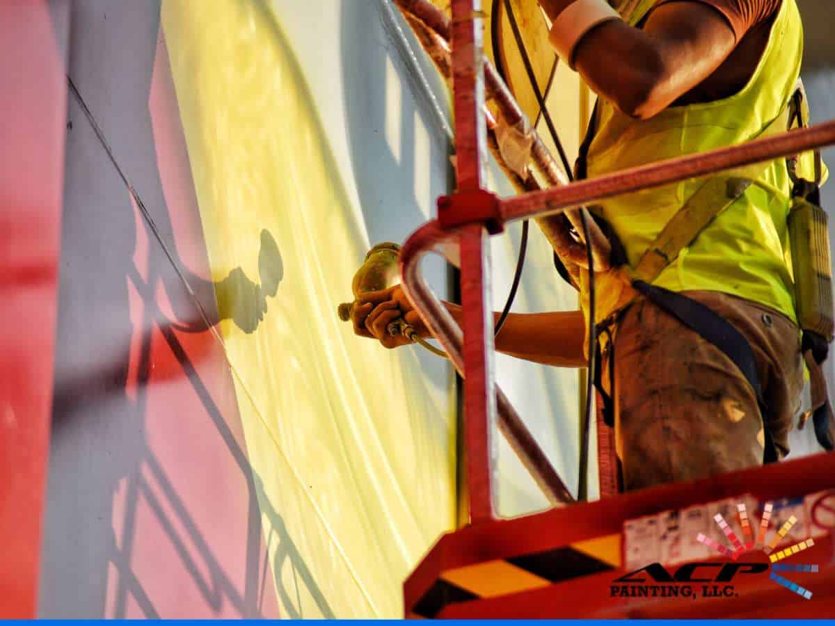 A worker using a spray gun to paint a large exterior wall, representing Commercial or Industrial Projects in progress
