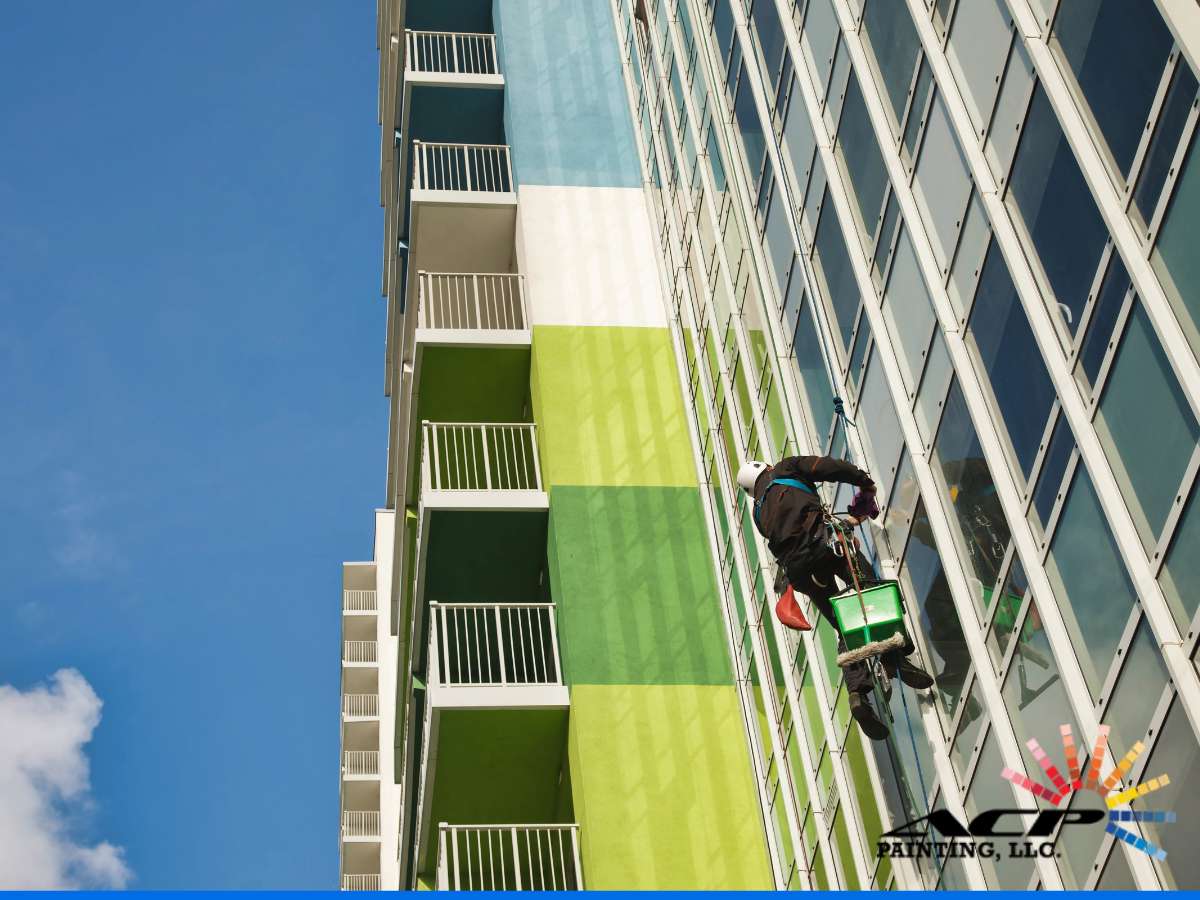 Worker painting high-rise building as heat and humidity affects Commercial Painting