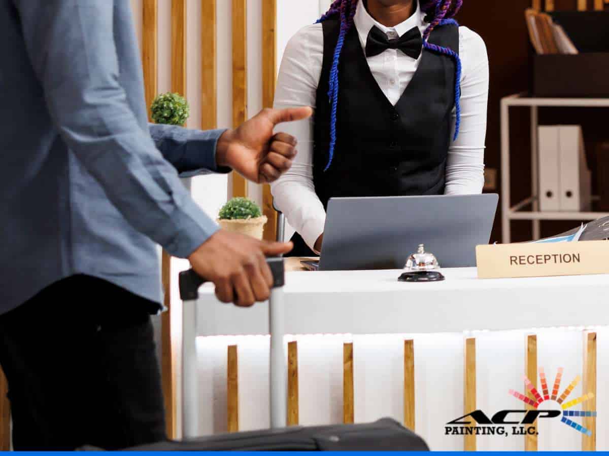 Front desk check-in scene showing how Professional Painting Enhances Hotel Aesthetics & Experience